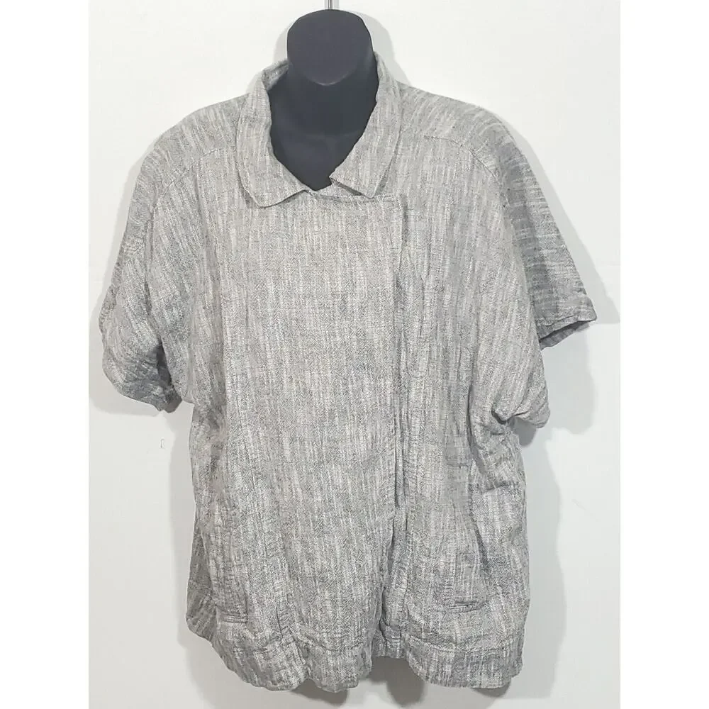 Eileen Fisher M Gauzy Linen Blend Short Dolman Sleeve Pockets Snap Closure Top